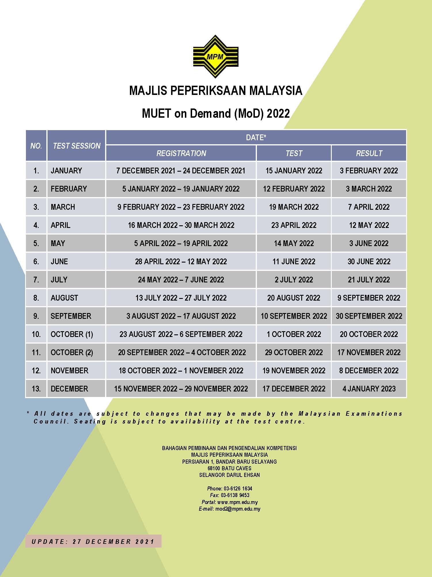 MUET ON DEMAND CALENDAR